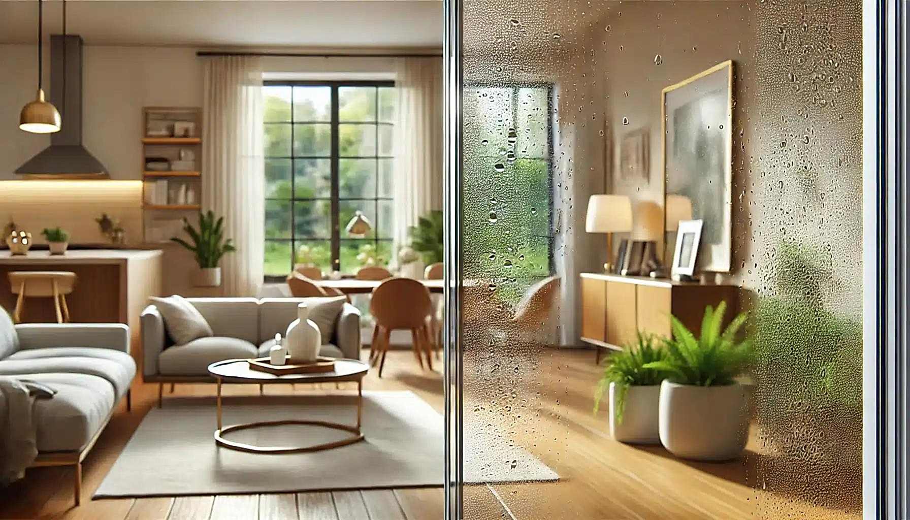 condensation-free glass surface in the foreground.